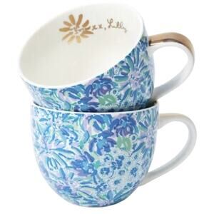 Lilly Pulitzer Set (2) 12 oz Floral Blue Ceramic Coffee Tea Mug Gold Handle NWOT